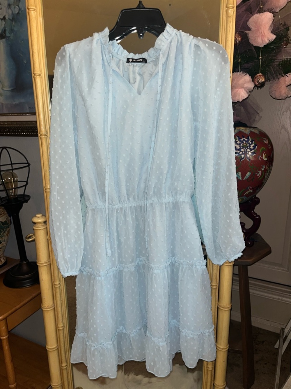 Light Blue Swiss Dot Tiered Peasant Dress